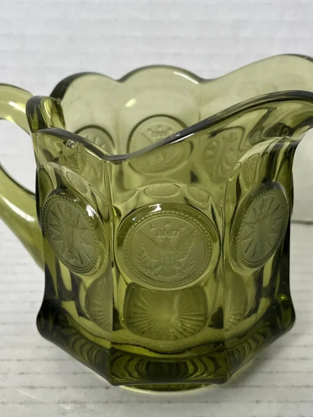 Vintage Fostoria Coin Glass Olive Green Creamer Pitcher